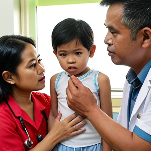 Home 11 **
A compassionate pediatric hematologist examining a young Malaysian child with hemophilia, with the child's concerned parents looking on. The scene should convey trust and expertise, set in a modern Malaysian hospital. Focus on the doctor-patient relationship and the hope for effective treatment.
**