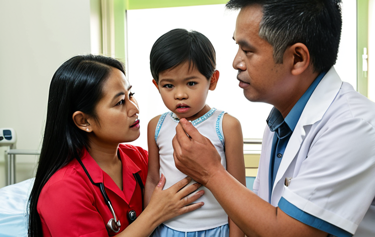 **
A compassionate pediatric hematologist examining a young Malaysian child with hemophilia, with the child's concerned parents looking on. The scene should convey trust and expertise, set in a modern Malaysian hospital. Focus on the doctor-patient relationship and the hope for effective treatment.
**